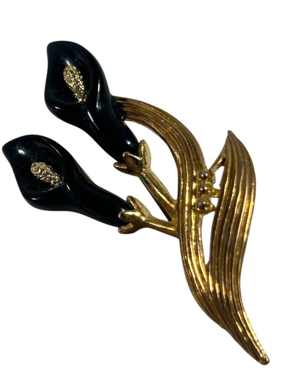 Vintage Black Enamel Calla Lily Brooch Gold Tone Floral Flower Brooch Pin